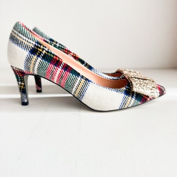 J Crew Wool Plaid Sparkly Bow Heels 6 - Picture 2 of 10